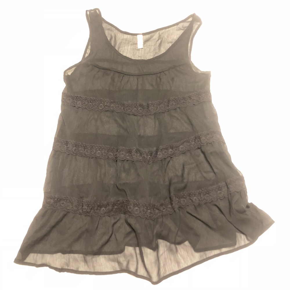 Black Sheer Chiffon and Lace Tunic Length Tank Top